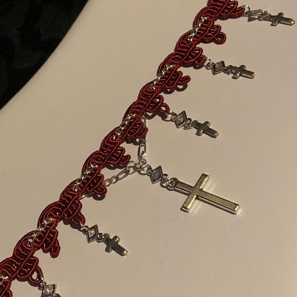 O.O.A.K. Red Ribbon Silver Rhinestone Cross Choker - Picture 5 of 13